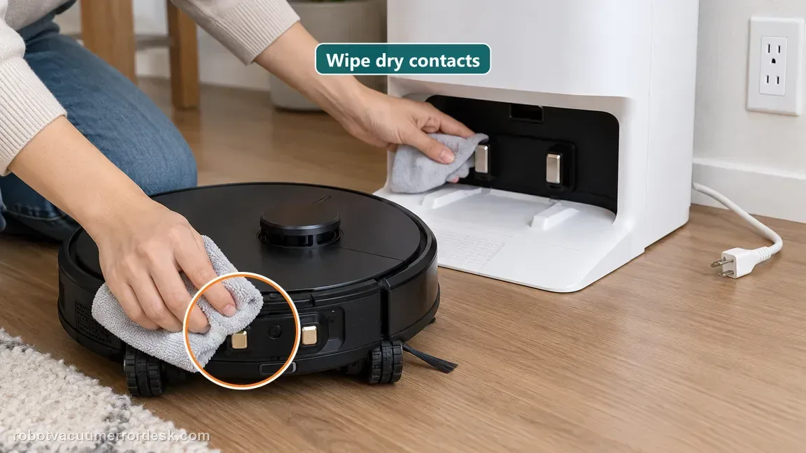 A person wipes the black robot charging contacts and white station prongs with a dry cloth while the dock is unplugged.