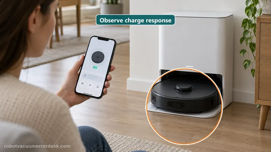 A black robot vacuum is seated on its white charging station as a person checks a generic phone status screen.