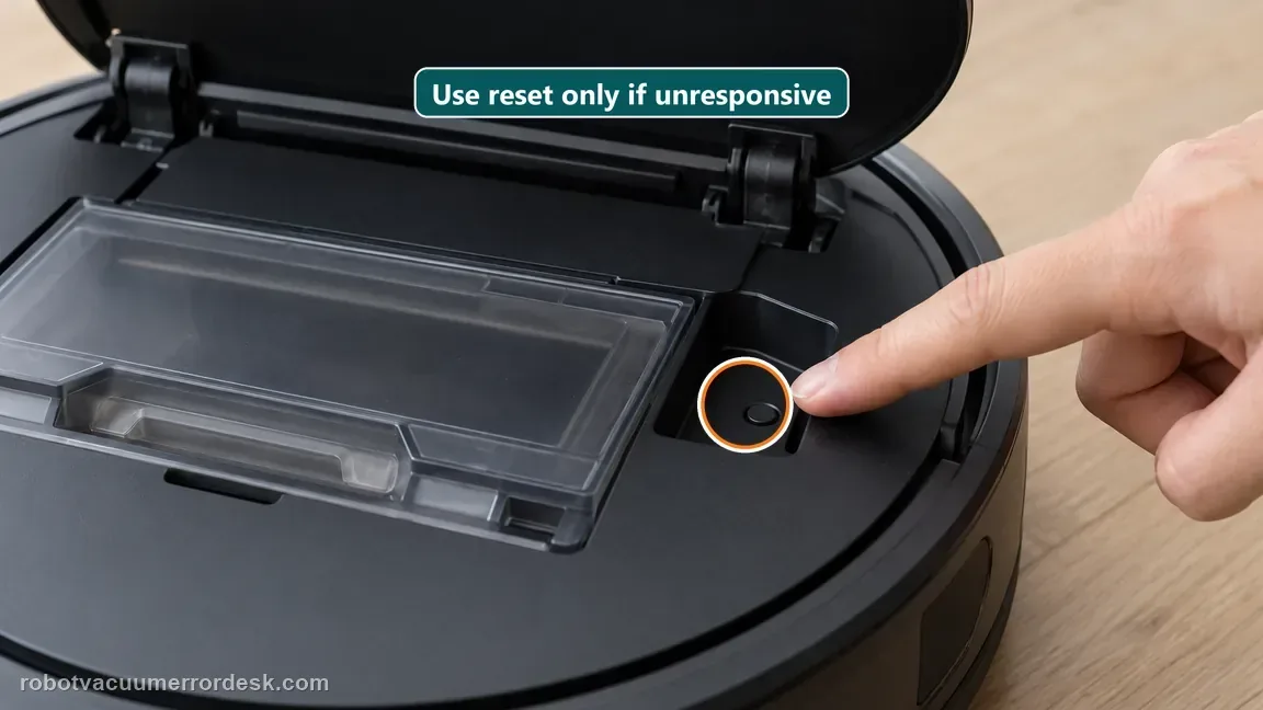 A fingertip points to the small physical reset button beneath the gently opened top cover of a black robot vacuum.