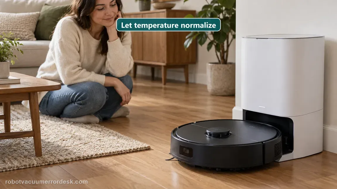 A black robot vacuum rests indoors beside its white station away from direct sunlight or forced heating and cooling.