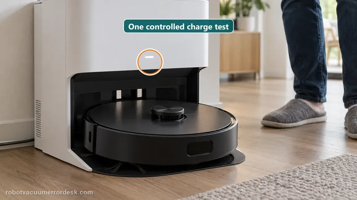 A black robot vacuum is aligned on its powered white charging station while a person waits nearby for its response.