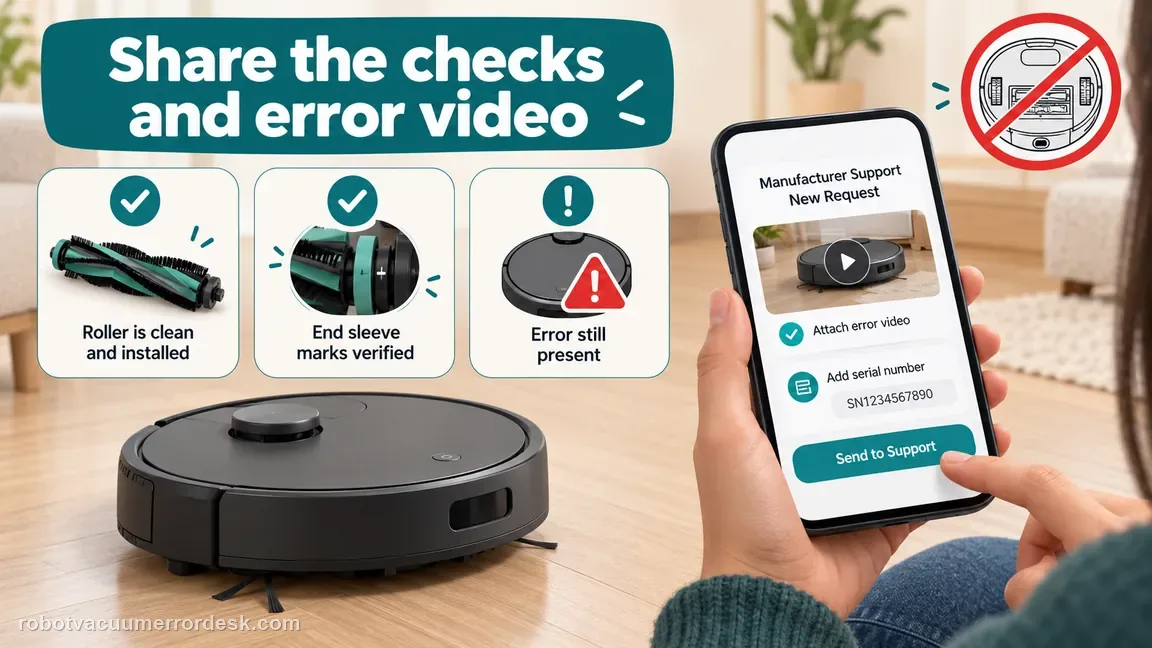 A support request includes the clean roller, verified sleeve marks, persistent error video and serial number; the motor remains closed.