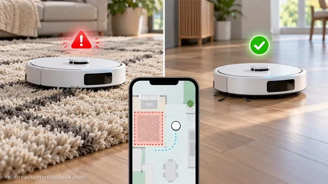 A robot vacuum is compared on a high-pile rug and a hard floor to separate surface overload from a persistent brush fault.