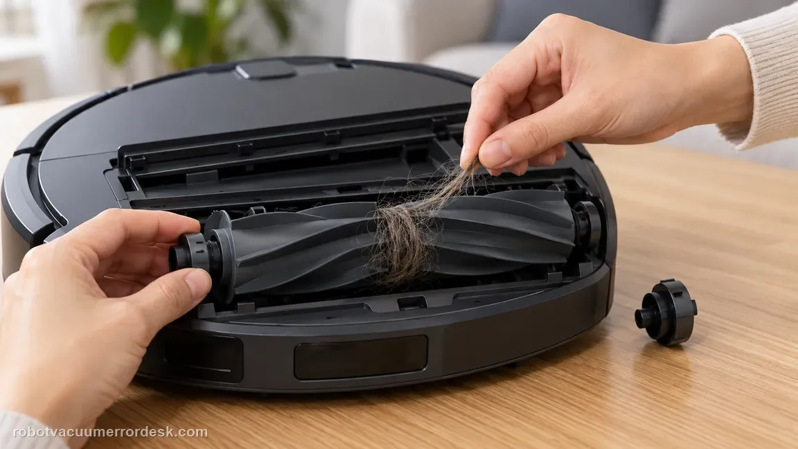 A rubberized roller is removed from a robot vacuum while hair is cleared from the brush and accessible end area.
