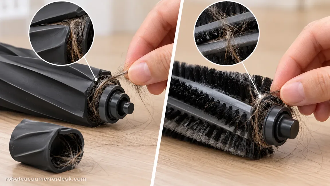 A comparison shows removable end components on a rubber roller and grooves on an assembled bristle roller.