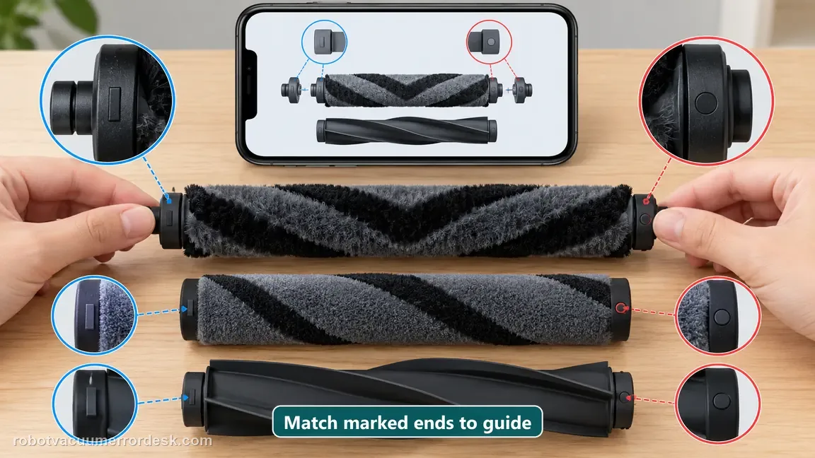 Roller sleeve end marks are compared with a manufacturer guide on a phone without assigning a guessed left or right orientation.