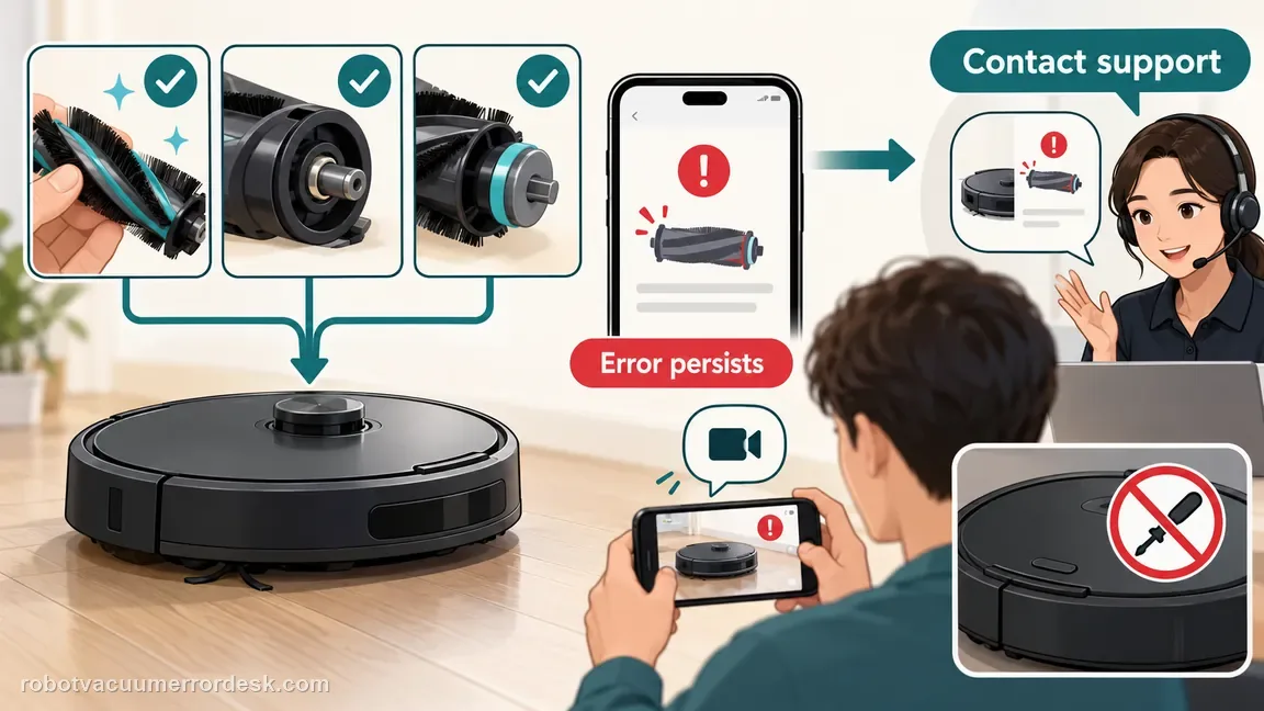 After brush, shaft and sleeve checks, a persistent roller warning is documented on video and sent to manufacturer support while the motor stays closed.