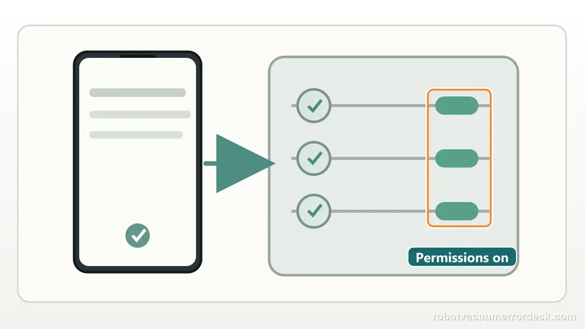 eufy X10 Pro Omni is shown with a close repair view of permissions, matching the grant the app the required permissions check.