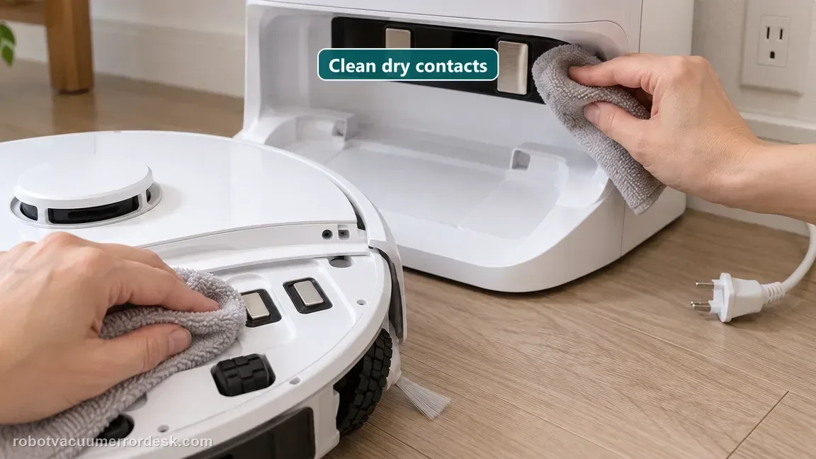 Hands wipe robot and station contacts while the station power plug is disconnected.