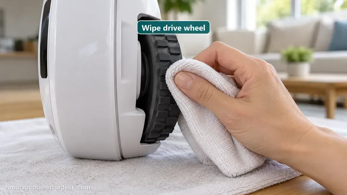 A hand wipes the accessible rubber drive wheel on a white Narwal Flow robot.