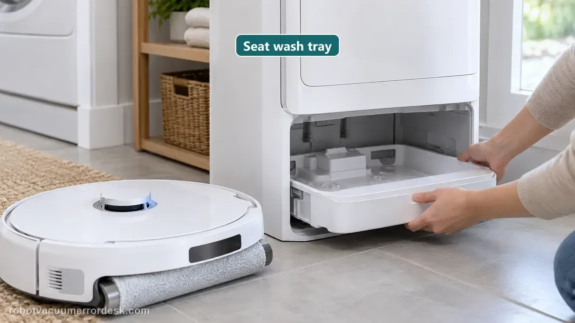 Hands slide the removable wash tray inward until it sits flush in the white base.