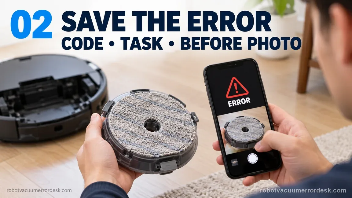 A person photographs a removable mop module and saves a generic app warning before cleaning or changing its installation.