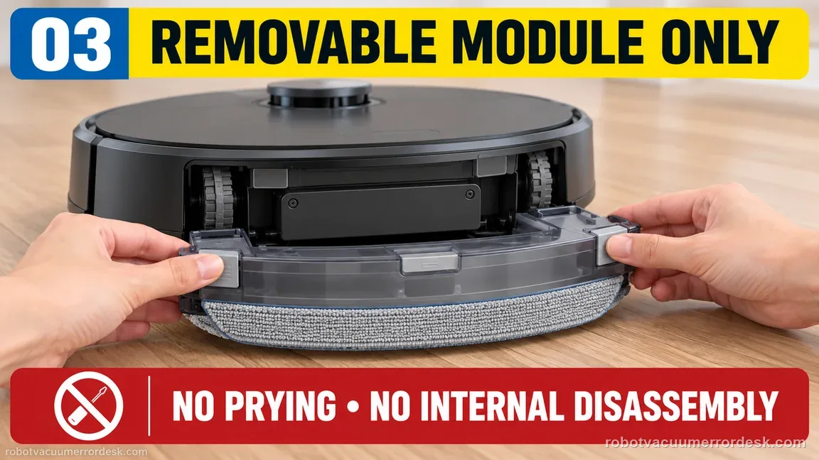 Hands release only the removable mop module from a generic robot, with a clear warning against prying into the internal lift mechanism.