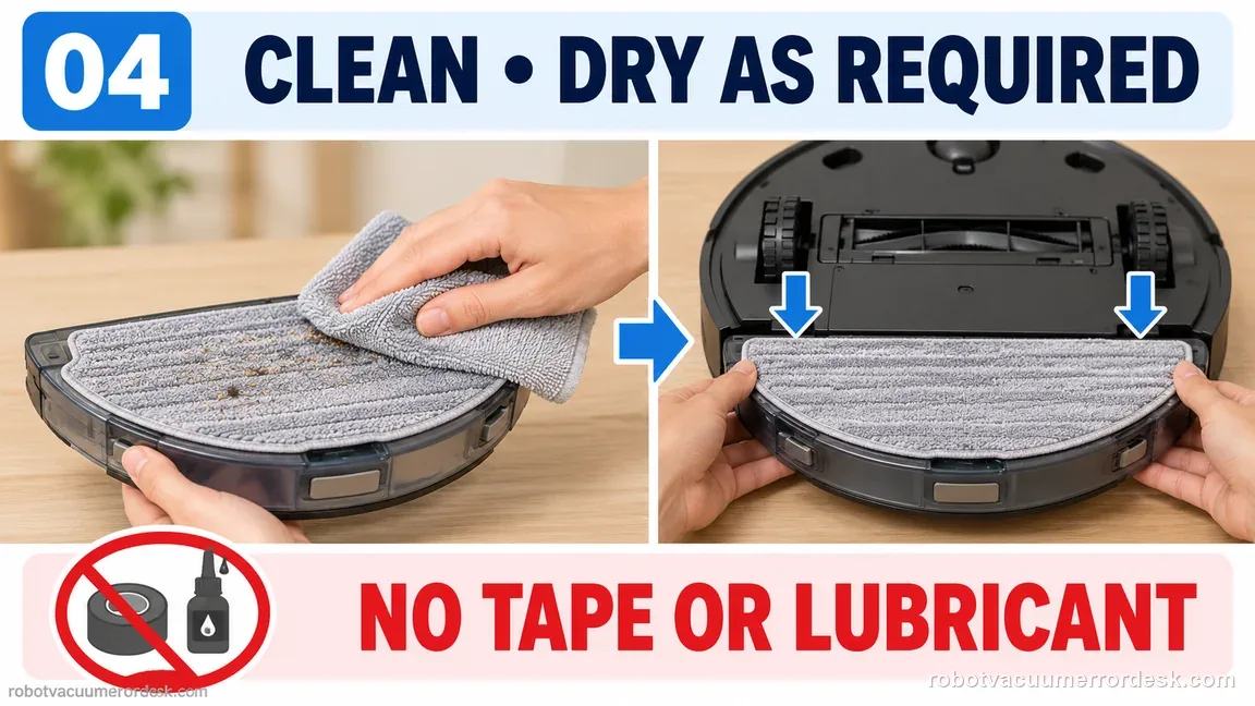 A soft cloth removes accessible debris from a detached mop component before it is placed back without tape or lubricant.