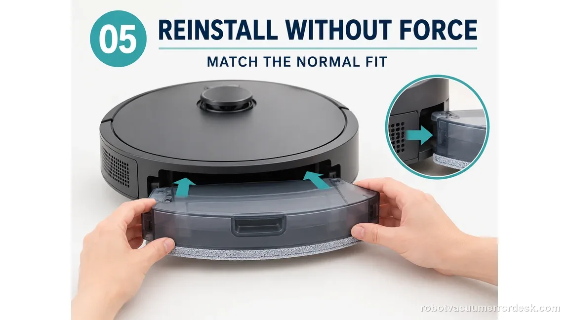 Hands gently guide a generic removable mop module back into the robot with a diagram showing an even normal fit and no force.