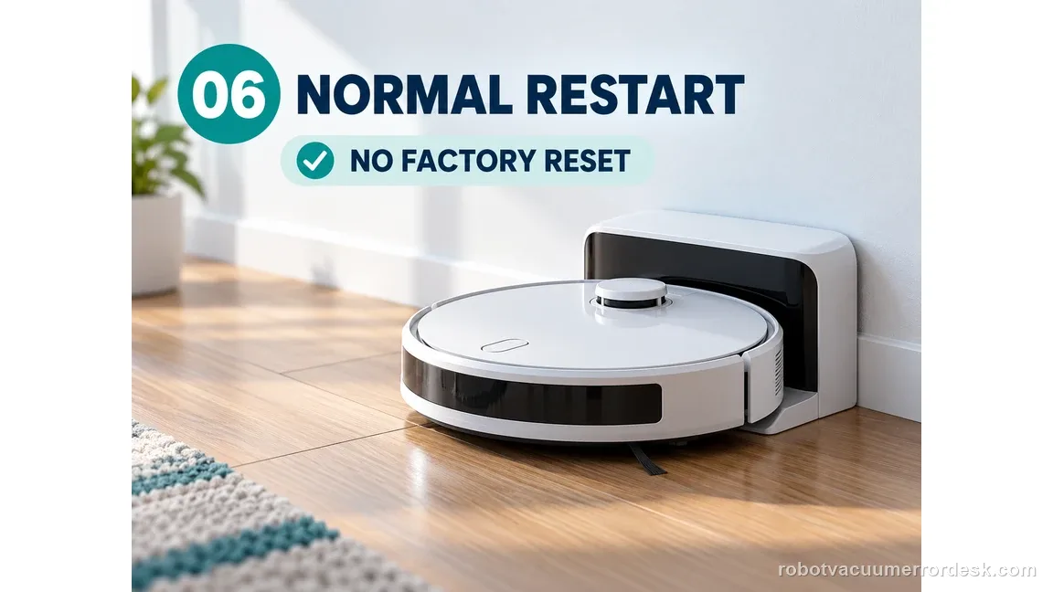 A generic robot rests at its charging base during a normal restart, with a clear reminder not to factory-reset the robot.