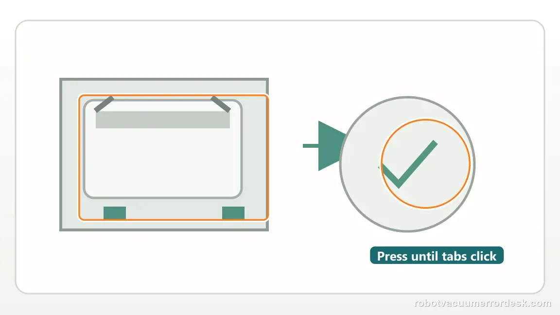 An illustrative tank lid is pressed until its locking tabs engage, with a check mark marking the distinct click.