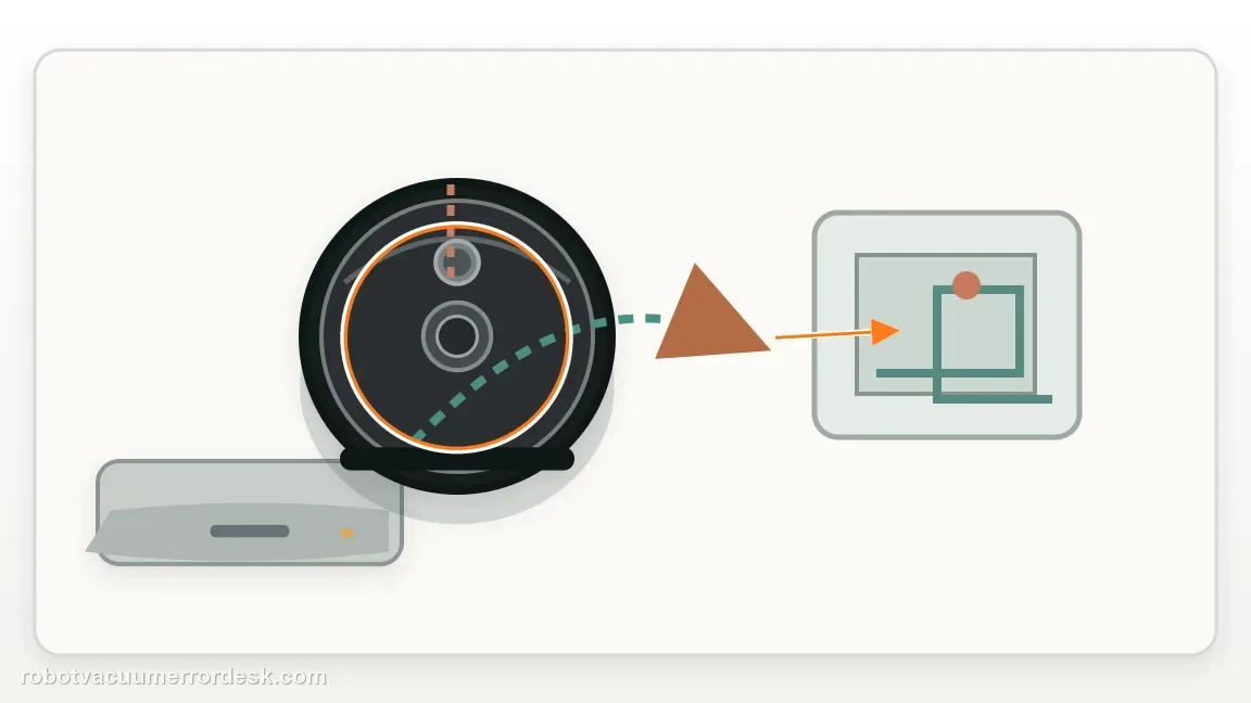 A Roborock S7 is shown with robot and dock shown apart with a relocation route and mapped station marker in a clean repair diagram, matching the identify whether the s7 was carried or the dock was moved check.