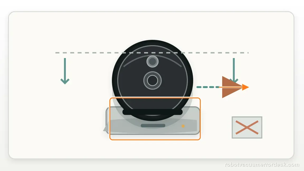 A Roborock S7 is shown with robot and dock with open approach space and cleared obstructions in a clean repair diagram, matching the correct the dock environment to roborock’s return guidance check.