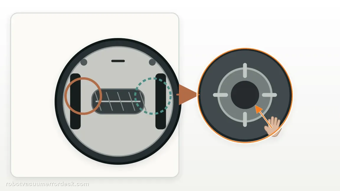 A Roborock Q7 Max is shown with robot underside with paired drive wheels for comparison in a clean repair diagram, matching the compare both drive wheels by hand check.