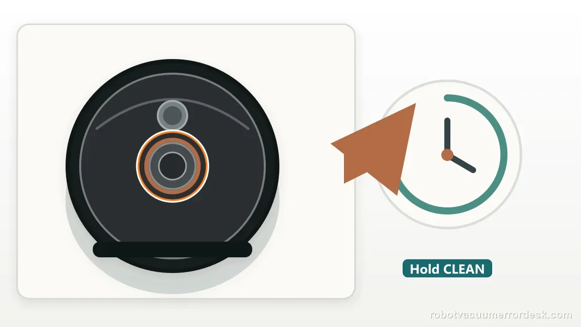 A Roborock Q7 Max is shown with robot CLEAN button with a timed reboot dial in a clean repair diagram, matching the run one short open-floor restart check.