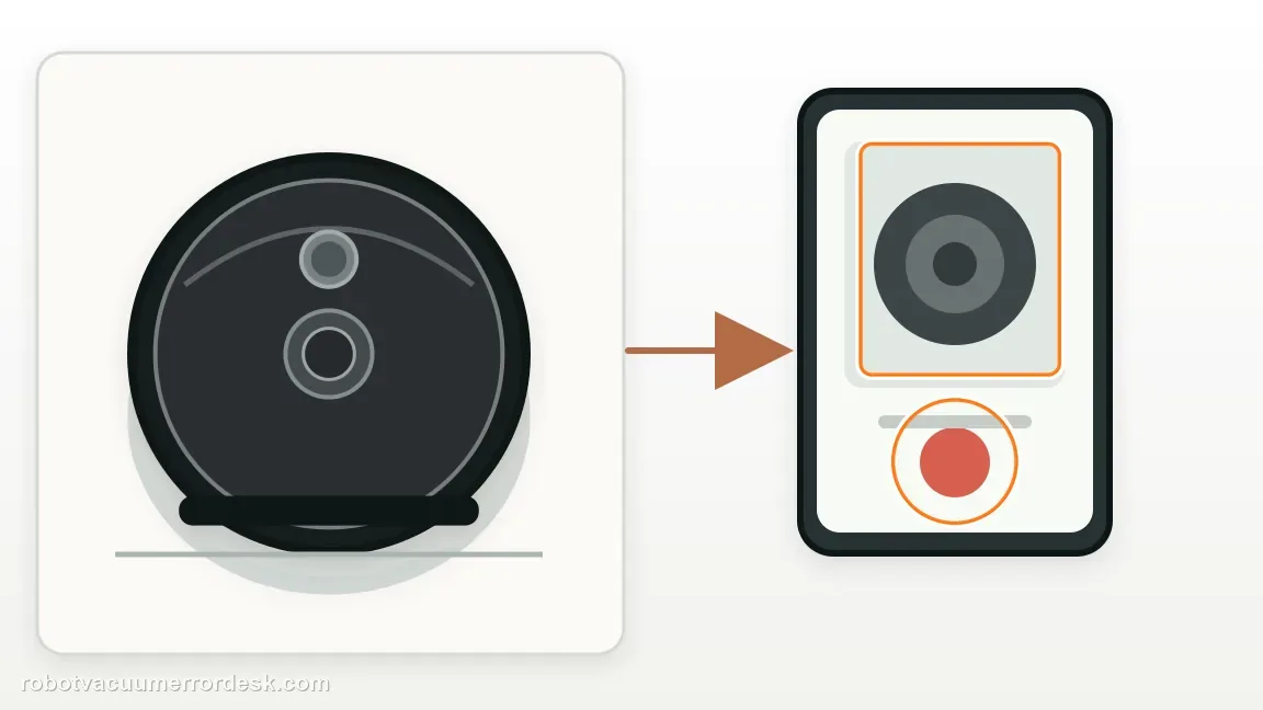 A Roborock Q7 Max is shown with robot on open floor beside a phone recording its first movement in a clean repair diagram, matching the capture a repeat that follows the robot into open space check.