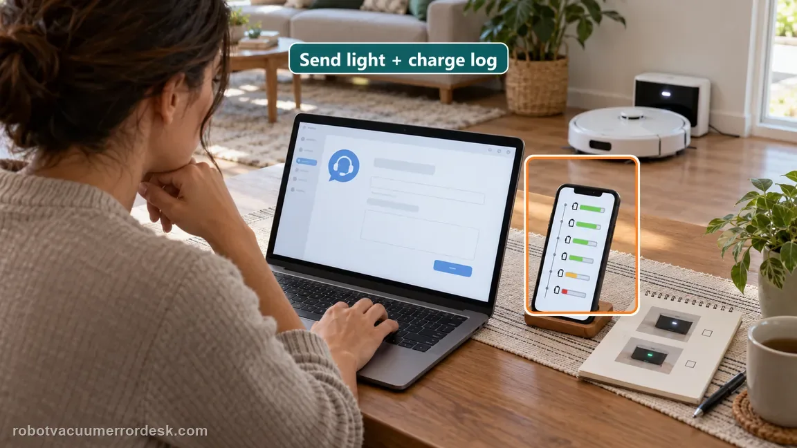 The owner prepares a support request with dock-light notes and a battery timeline beside the robot and dock.