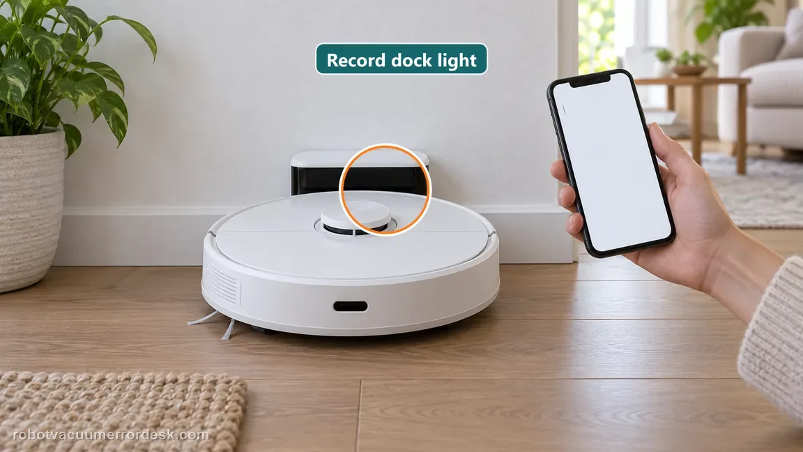 A Roborock Q7 Max style robot rests on its dock while the owner records the dock indicator state before troubleshooting.