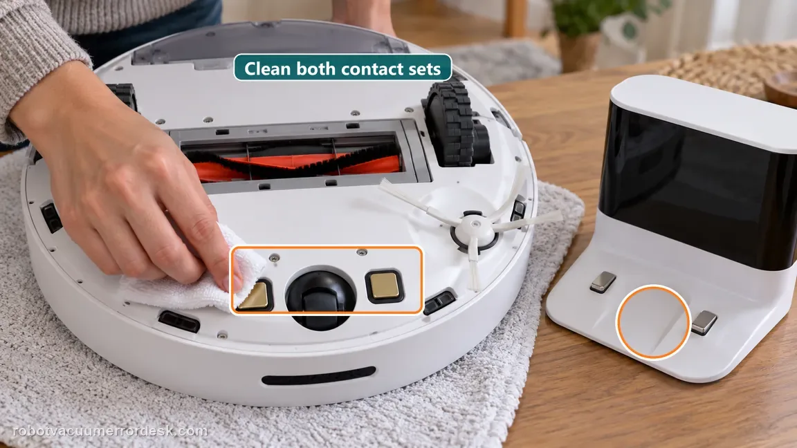 The powered-off robot is upside down as a cloth cleans its underside charging contacts; the dock contacts are visible beside it.