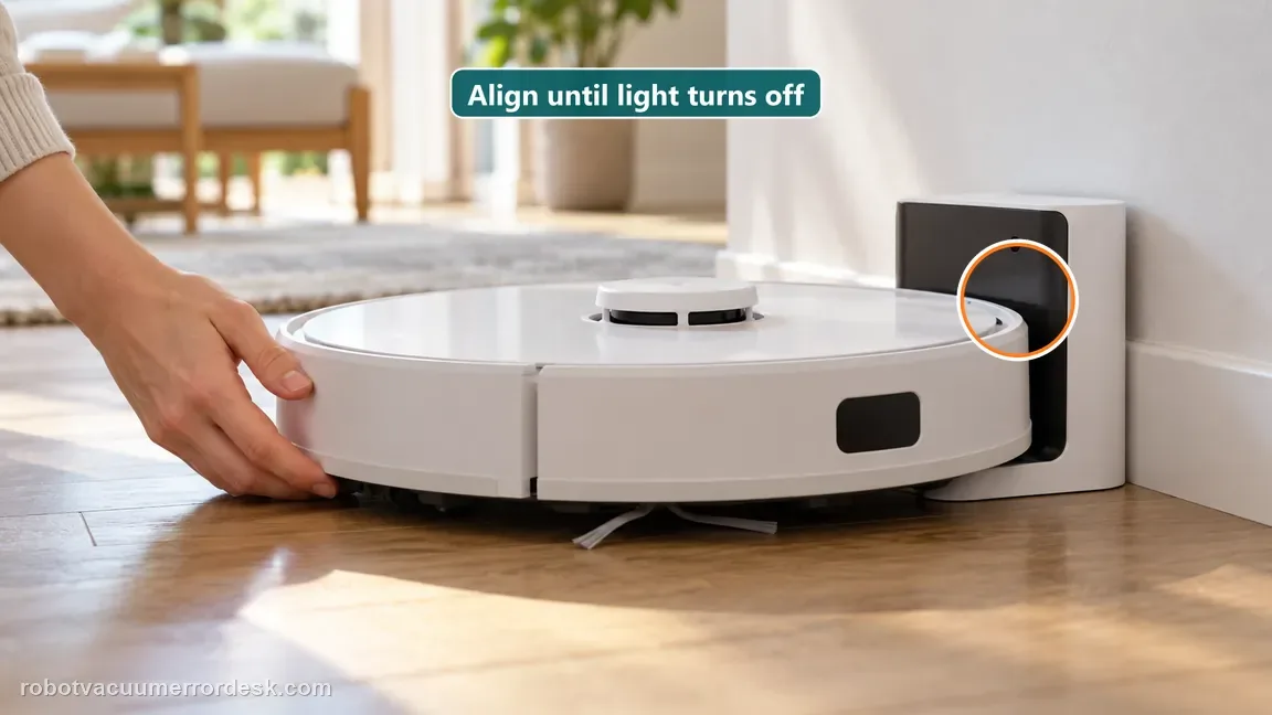 A hand makes a small alignment adjustment as the robot seats squarely on its charging dock.