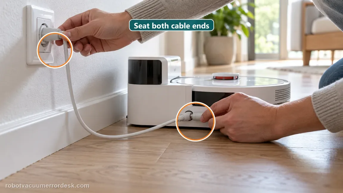 A homeowner checks the wall outlet connection and the external power plug at the charging dock.