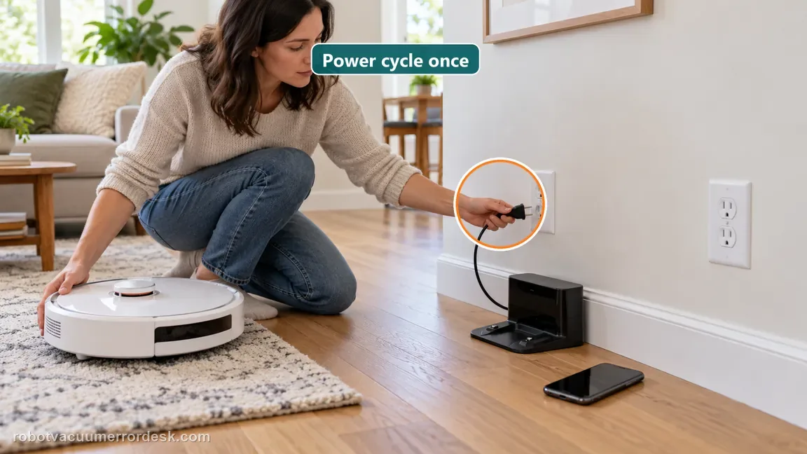 The owner unplugs the charging dock once while the robot is set aside and another outlet is visible.