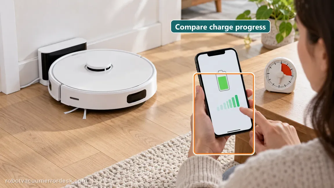 A docked robot, battery-level phone display, and timer illustrate a controlled charge-progress check.