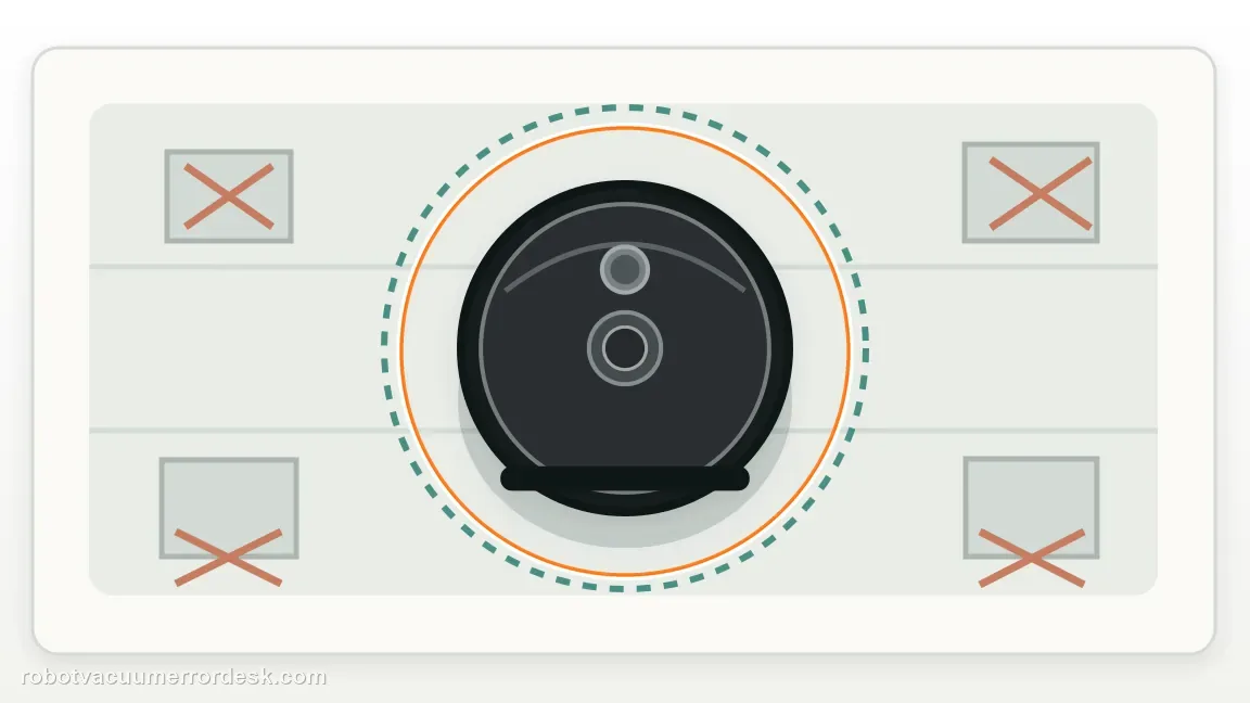 A Roborock Q7 Max is shown with robot in an open area with surrounding obstacles removed in a clean repair diagram, matching the relocate to open, level flooring check.