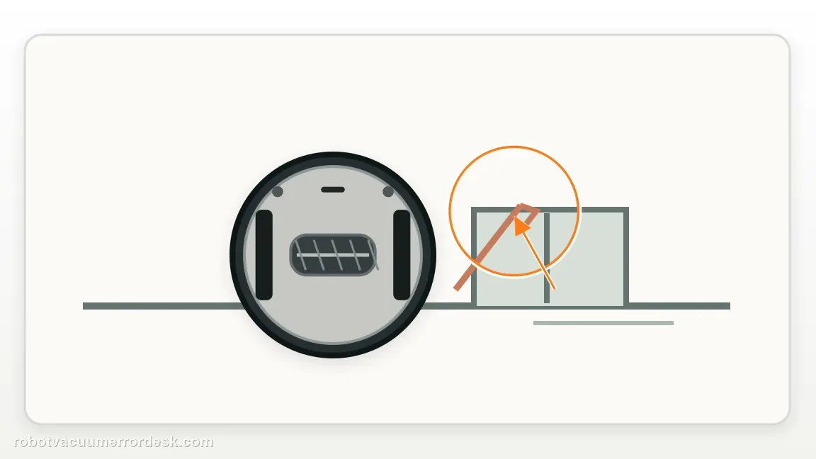 A Roborock Q7 Max is shown with robot chassis near a furniture rail or threshold that can lift it in a clean repair diagram, matching the inspect for chassis lift, not just wheel rotation check.
