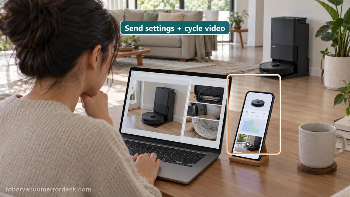 An owner prepares app-setting screenshots and a cleaning-return video for Roborock support.