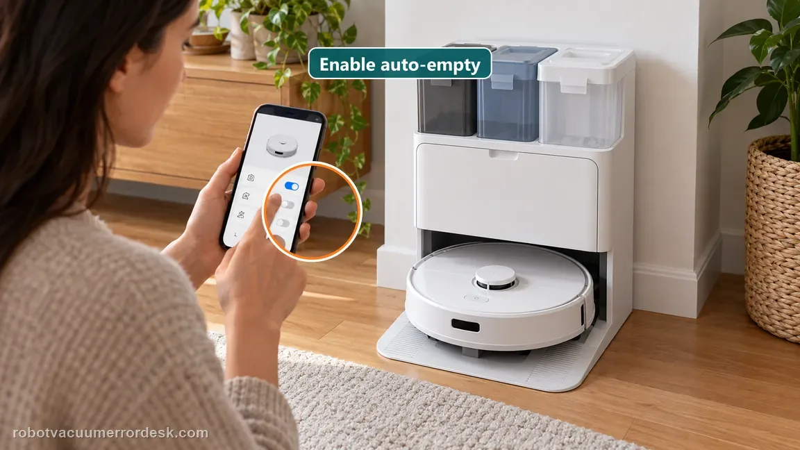 The owner checks an enabled auto-empty setting in the app beside the Q Revo dock with its dust cover installed.