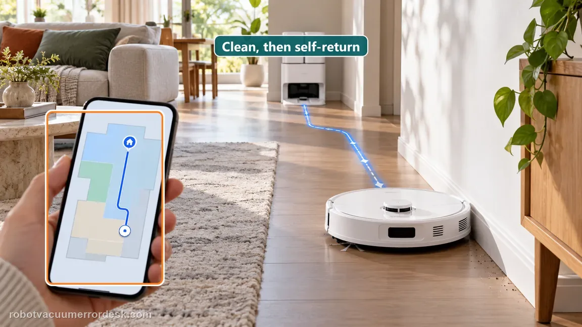 A phone map shows a robot cleaning and following its route back to the dock on its own.