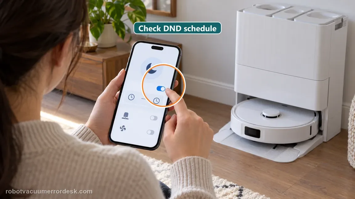 A phone displays a generic quiet-hours schedule while the robot sits at its dock.