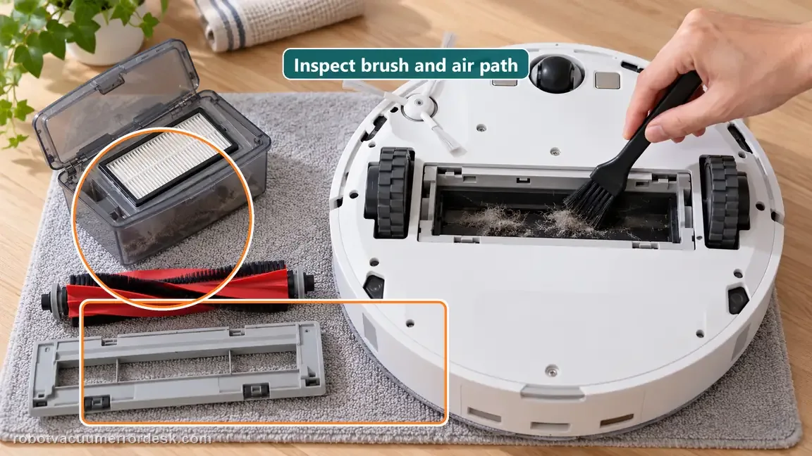 The robot brush cover, main brush, removable dustbin and filter are inspected as accessible airflow parts.
