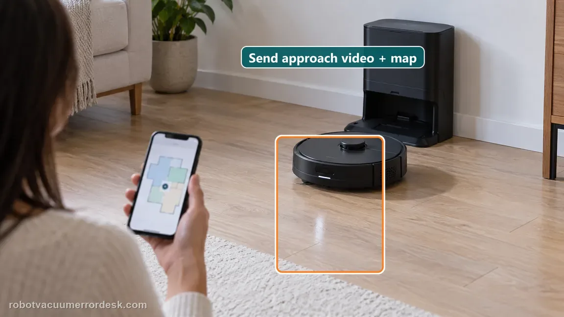 A homeowner records the robot approach while a map screenshot is open on the phone.