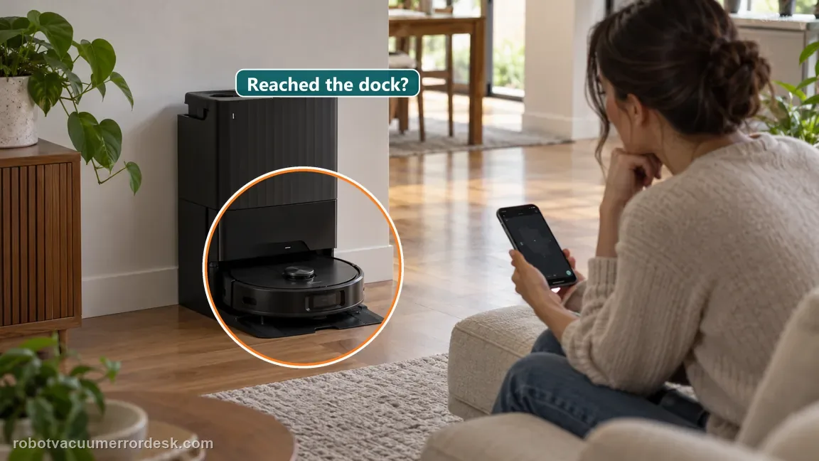 A black round Qrevo is seated in its RockDock while an owner checks the phone app after arrival.