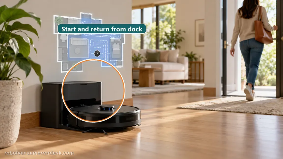 A black robot starts directly from its dock in a mapped home as the owner leaves it in place.