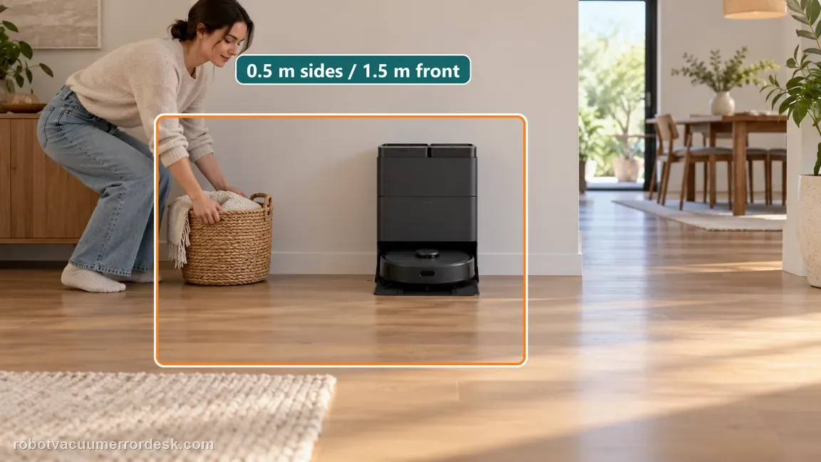 A Qrevo dock sits against a wall with an open approach after a homeowner moves a basket away.