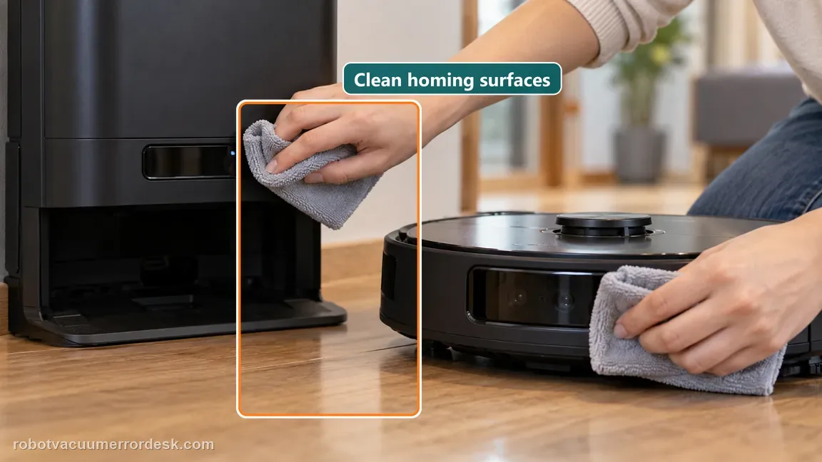 A soft cloth wipes the dock front signal window and the robot front sensor without focusing on charging contacts.