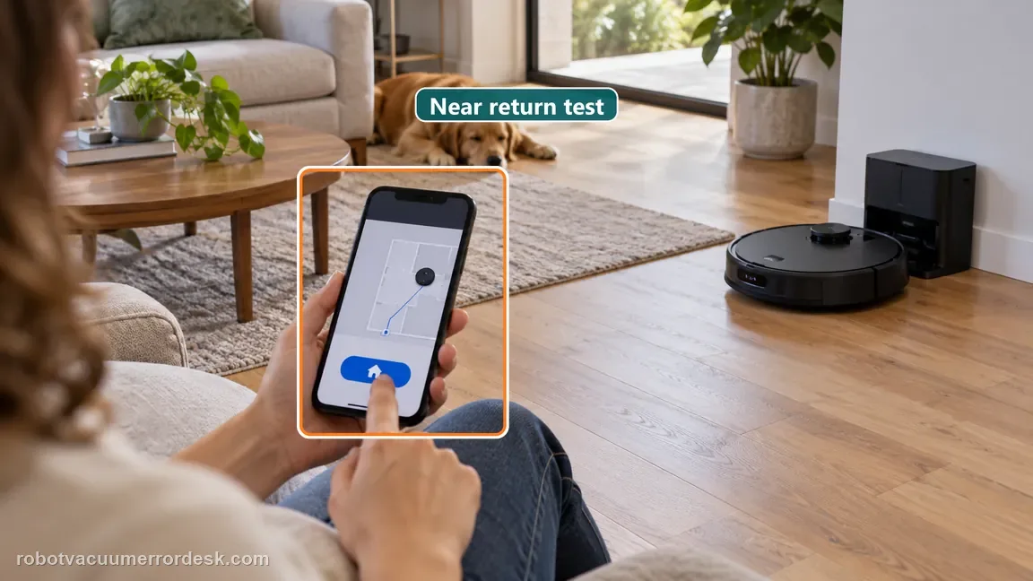 A person taps the app return control while the Qrevo is a short distance from its dock.