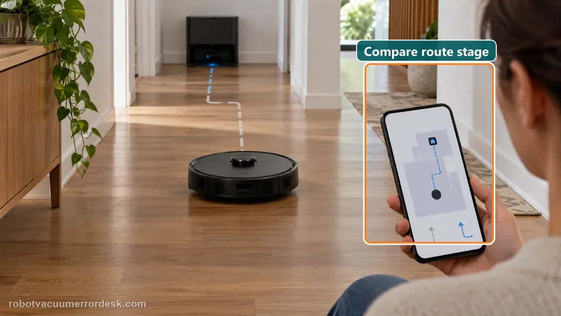 A phone map shows a route from the robot in the hallway back toward its fixed dock.