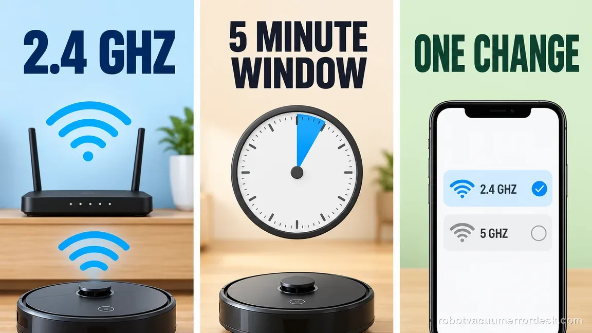 A generic robot pairs to a home router over 2.4 GHz, with a separate five-minute pairing window and a one-variable test shown.