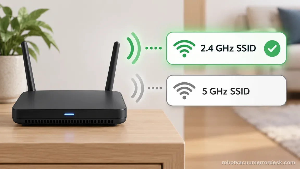 A router diagram shows a checked 2.4 GHz SSID and a separate unselected 5 GHz SSID for deliberate network selection.