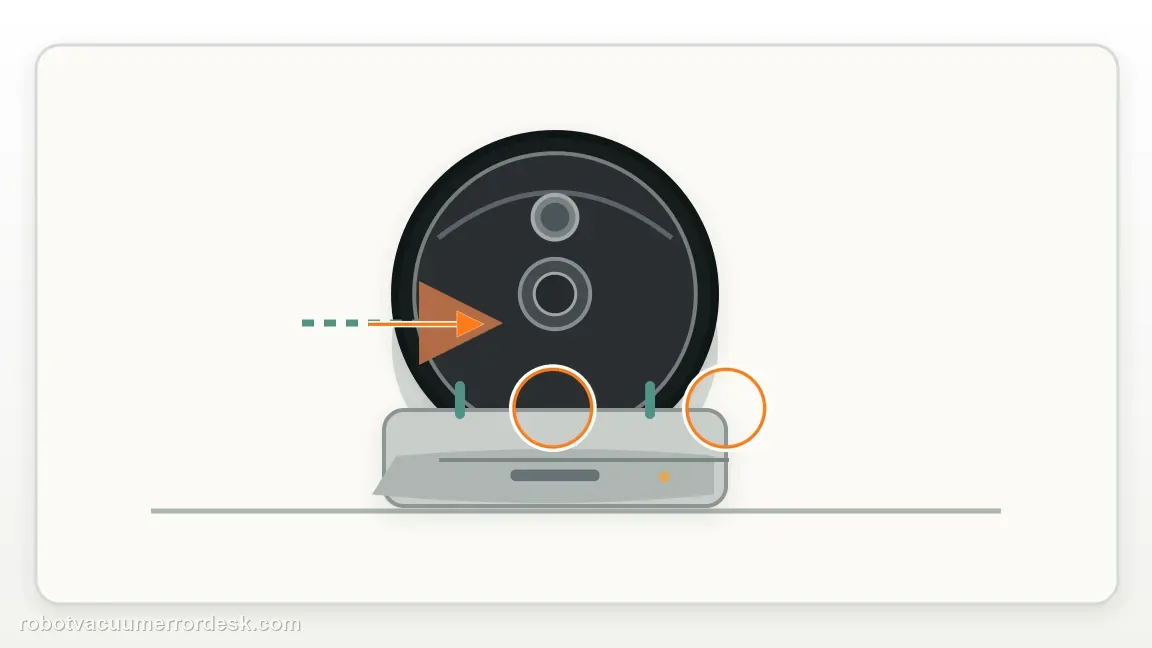 A Roborock Qrevo is shown with robot rear charging contacts aligned with the station pads in a clean repair diagram, matching the re-seat once and verify stable contact pressure check.
